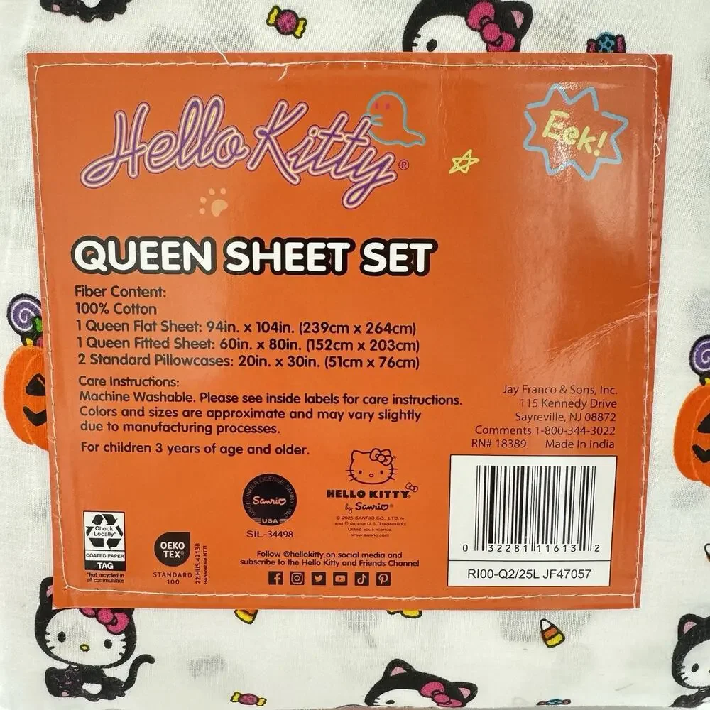 NWT Sanrio HELLO KITTY Queen Sheet Set HALLOWEEN Pumpkin Black Cat 4-PC Cotton